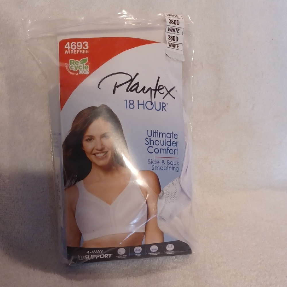 Playtex 18 Hour White Wirefree Bra 38DD Shoulder Comfort Back Smoothing White